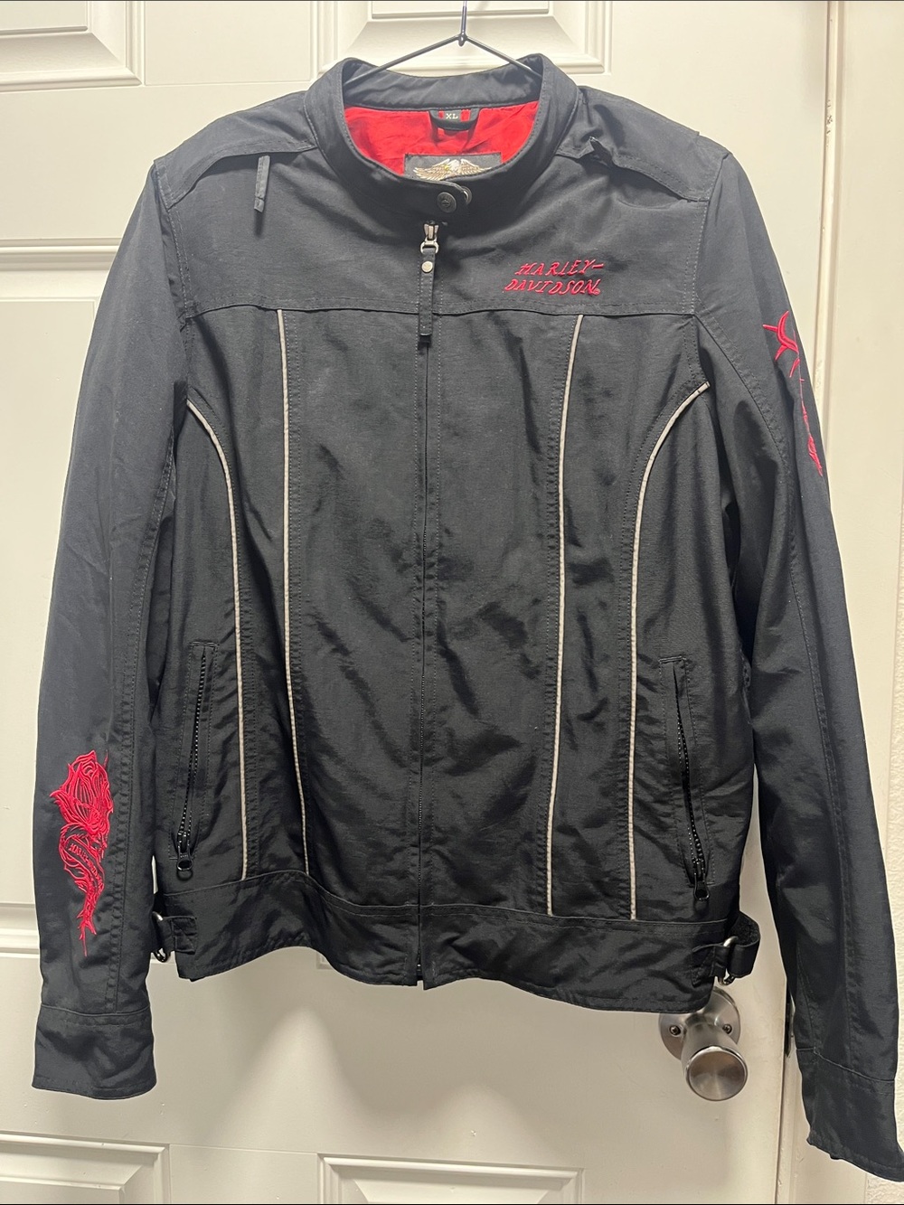 Harley-Davidson Women Black Jacket with Red rose Accent Embroidery